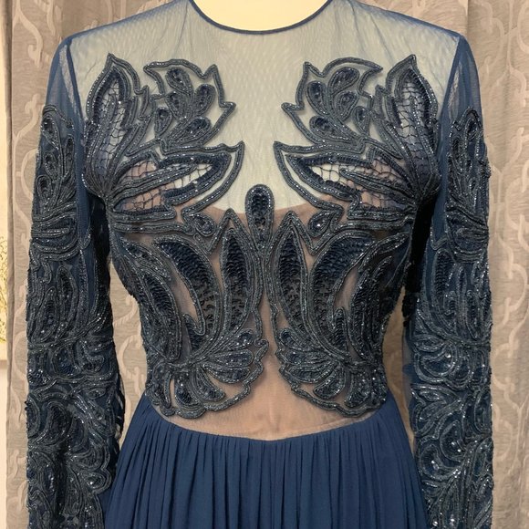 NWT Elie Saab Peacock Blue Sequin Beaded Long Sleeve Gown Dress, Sz 36 - Picture 3 of 14